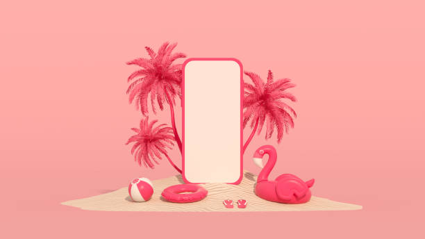 istock Blank screen mobile smart phone summer beach holiday travel background on sand 1386941310