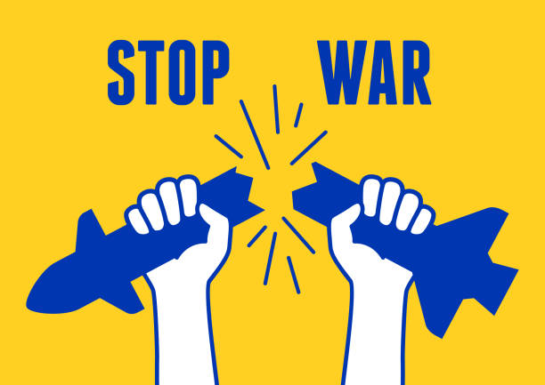 Stop war poster Hands breaking a missile, bomb. No world war sign icon. Anti war protest poster. peace demonstration stock illustrations