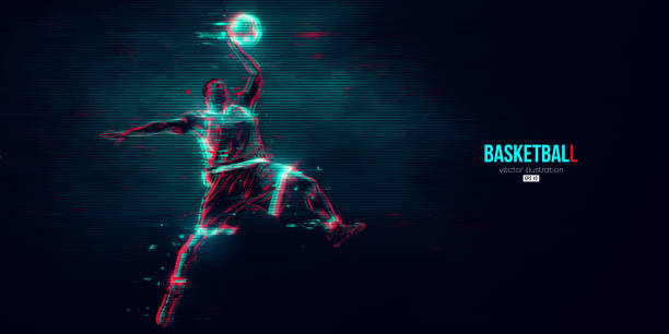 istock Abstract silhouette of a basketball player man in action isolated blue background. Vector illustration 1386942396