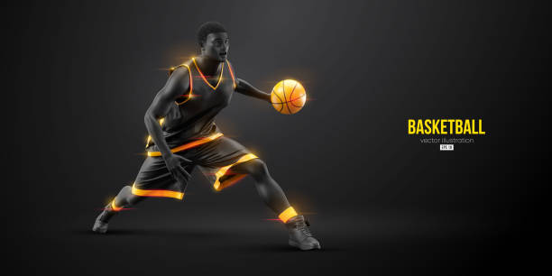 istock Abstract silhouette of a basketball player man in action isolated black background. Vector illustration 1386942397