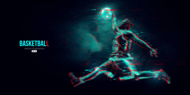 istock Abstract silhouette of a basketball player man in action isolated blue background. Vector illustration 1386942406