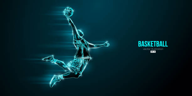 istock Abstract silhouette of a basketball player man in action isolated blue background. Vector illustration 1386942411