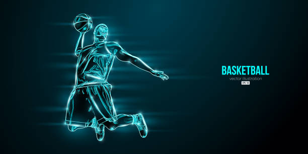 istock Abstract silhouette of a basketball player man in action isolated blue background. Vector illustration 1386942419