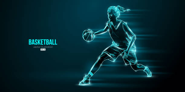 illustrations, cliparts, dessins animés et icônes de silhouette abstraite d’une basketteuse en action sur fond bleu isolé. illustration vectorielle - womens basketball