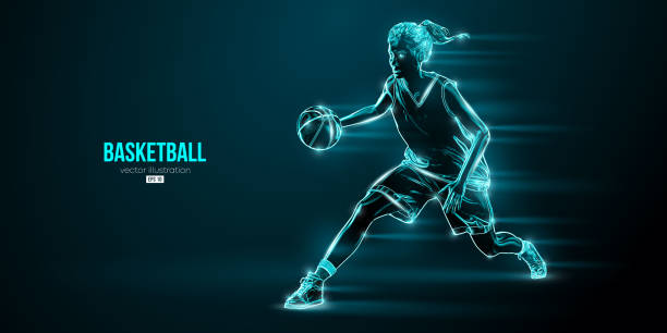 istock Abstract silhouette of a basketball player woman in action isolated blue background. Vector illustration 1386942449