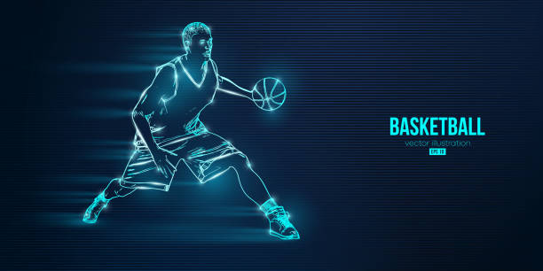 istock Abstract silhouette of a basketball player man in action isolated blue background. Vector illustration 1386942469