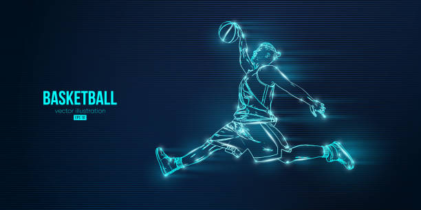 istock Abstract silhouette of a basketball player man in action isolated blue background. Vector illustration 1386942479
