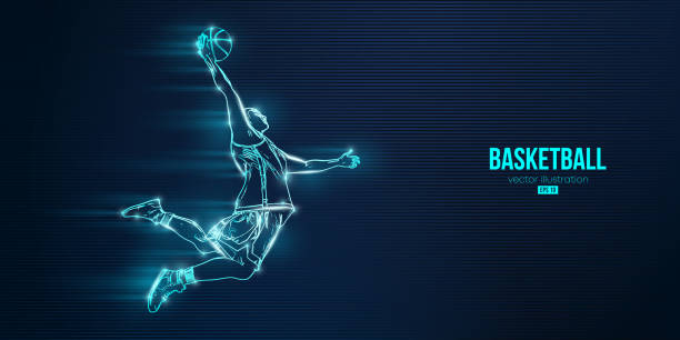 istock Abstract silhouette of a basketball player man in action isolated blue background. Vector illustration 1386942483