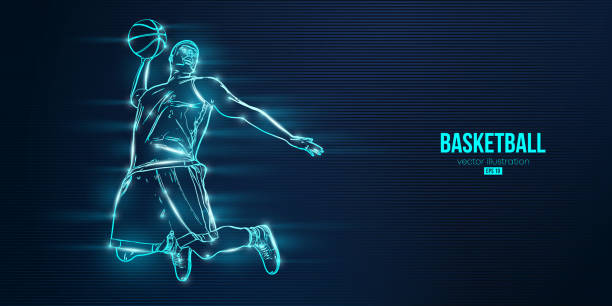 istock Abstract silhouette of a basketball player man in action isolated blue background. Vector illustration 1386942506