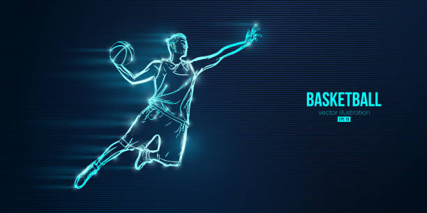 istock Abstract silhouette of a basketball player man in action isolated blue background. Vector illustration 1386942537