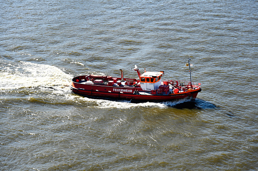 Hamburg, Germany, March 19, 2022 - Firefighting ship in Hamburg harbor