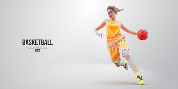 Realistic silhouette of a basketball player woman in action isolated white background. Vector illustration