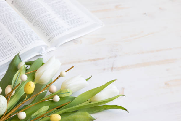 Bible, tulips and easter decor on white Fresh white tulips with a decorative branch with easter eggs and an open Christian bible on a white wood table with copy space easter sunday stock pictures, royalty-free photos & images