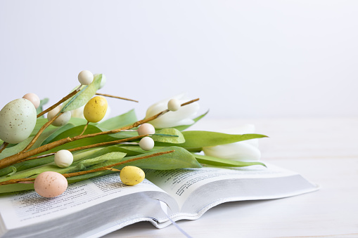 Tulipanes y huevos de pascua en una biblia abierta photo