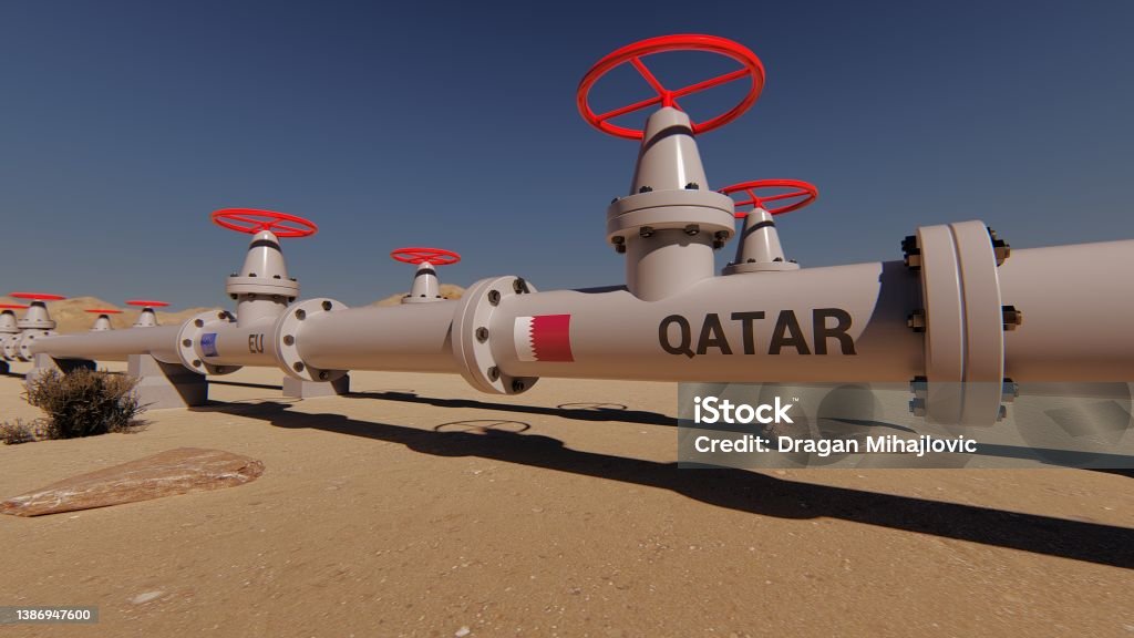 The gas pipeline with flags of Qatar and EU. 3d rendering Qatar Stock Photo