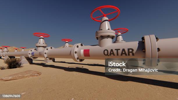 The Gas Pipeline With Flags Of Qatar And Eu 3d Rendering Stock Photo - Download Image Now