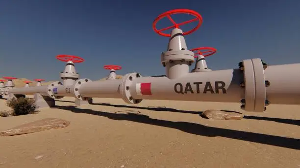 The gas pipeline with flags of Qatar and EU. 3d rendering