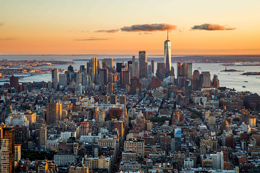New York City skylines aerial view at golden sunset