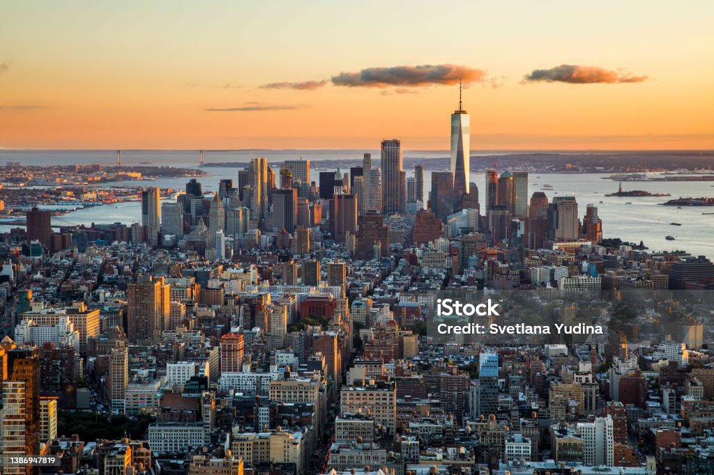 New York City skyline aerial view at sunset, NYC, USA New York City skylines aerial view at golden sunset New York City Stock Photo