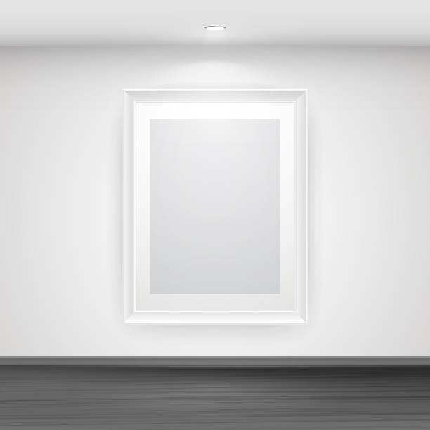 istock Empty white picture frame on wall above black wooden floor. Indoor gallery interior. Vector background mockup 1386948037