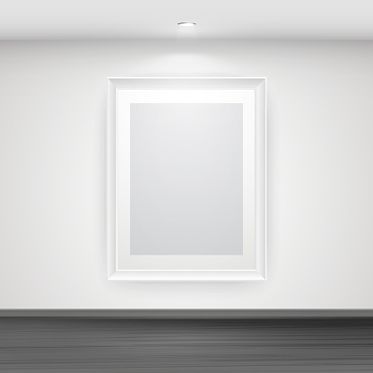 Empty white picture frame on wall above black wooden floor. Indoor gallery interior. Vector background mockup