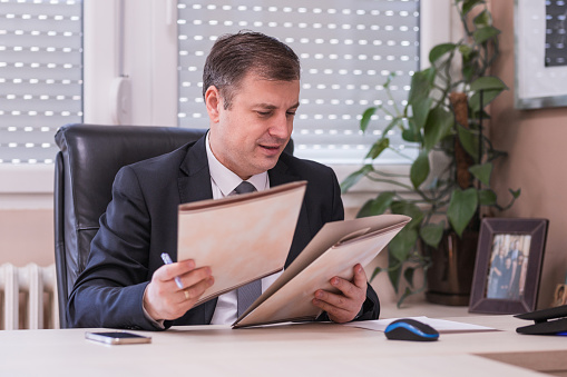 Cheerful businessman sitting at office and holding file folders containing work related documents