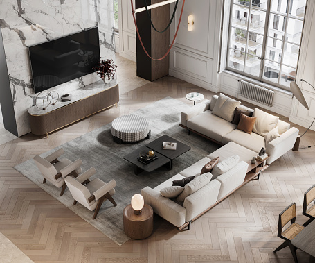 High angle view of a luxurious living room interior. L-shape sofa with two armchairs and large TV on wall. Computer generated image of interior of a lavish apartment.
