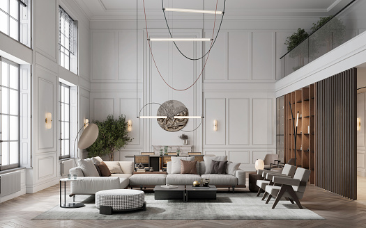 Large and luxurious interiors of a modern living room with lounge area. Beautiful apartment interior in 3d render.