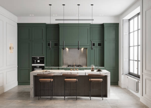 녹색 ��벽이있는 현대적인 주방 인테리어 - domestic kitchen furniture decor luxury 뉴스 사진 이미지