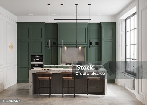 istock Modern kitchen interior with green wall 1386951967