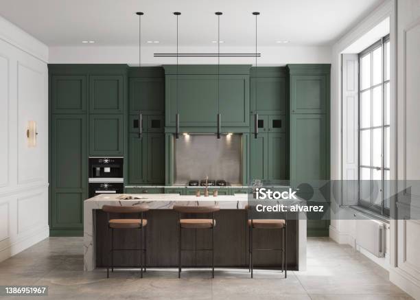Modern Kitchen Interior With Green Wall Stock Photo - Download Image Now - Kitchen, Green Color, Luxury