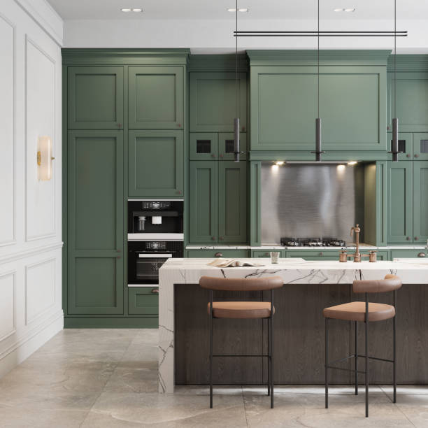 istock Luxurious kitchen interior with high chairs at the kitchen island 1386951970