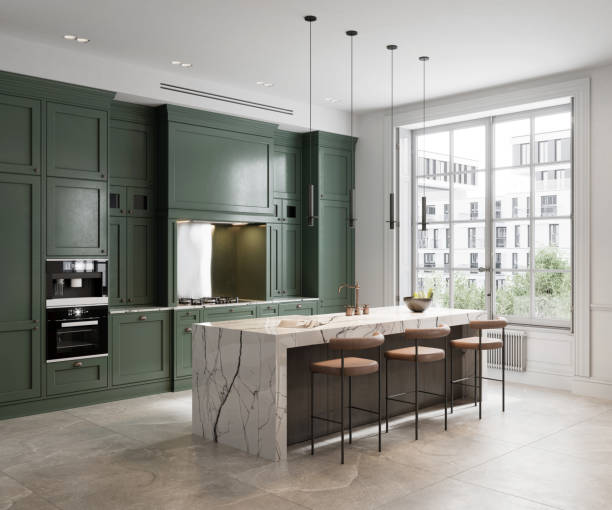 rendering 3d di un semplice design della cucina con parete verde - veduta di interni foto e immagini stock