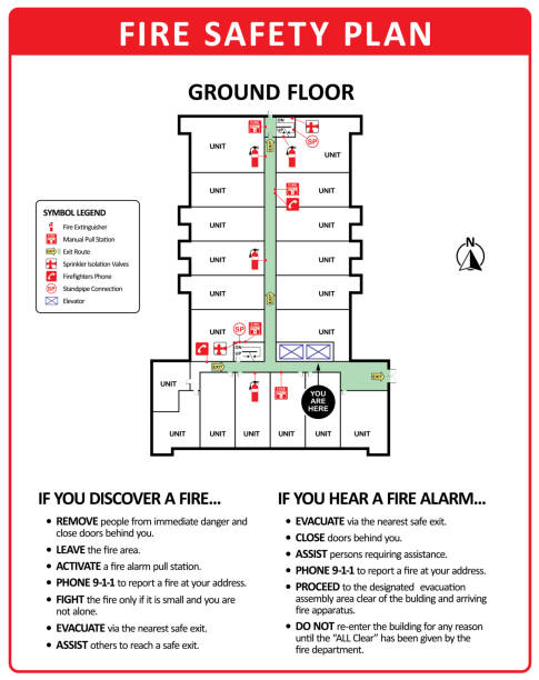 feuer notfallplan des gebäudes erdgeschoss. - löschpapier stock-grafiken, -clipart, -cartoons und -symbole