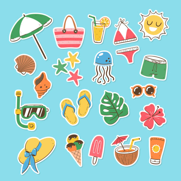 Beach Summer Sticker Collection Beach and summer sticker collection. Hand-drawn isolated elements with white border. Vector illustration. summer icons stock illustrations