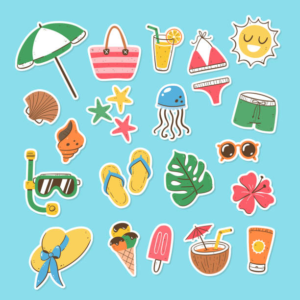 Beach Summer Sticker Collection Beach and summer sticker collection. Hand-drawn isolated elements with white border. Vector illustration. flip flop stock illustrations