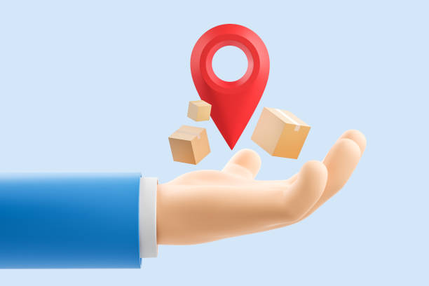 istock Man hand and cardboard boxes with location mark on light background 1386953287