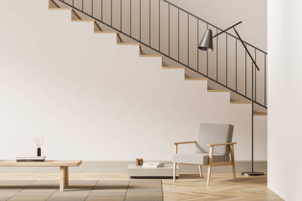 istock Light guest room interior with seat and decoration, staircase, mockup 1386953369