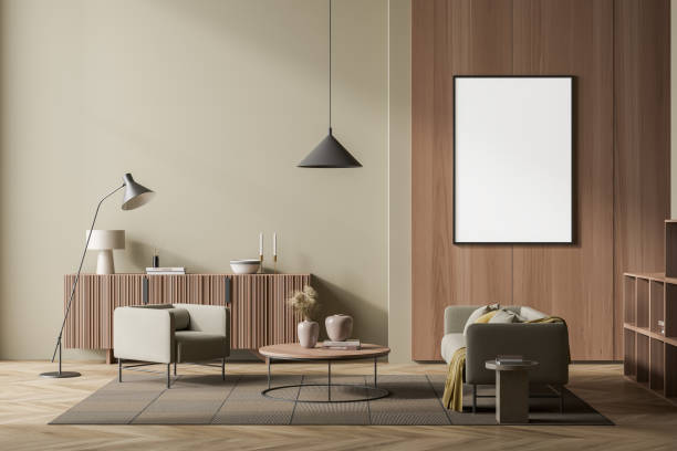 istock Guest room interior with seats and commode, coffee table and mockup poster 1386953499