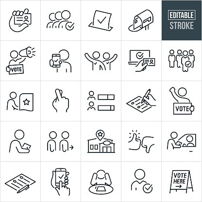 A set of voting icons that include editable strokes or outlines using the EPS vector file. The icons include people voting, person showing photo ID to vote, group of people that have voted, voting ballot, mail in ballot in mailbox, politician shouting through bullhorn while holding voting sign, person registering on smartphone to vote, candidate selection, person voting at voting booth, fingers crossed, person filling out voting ballot using pen, voter holding a vote sign, people in line to vote, polling place, thumbs up, thumbs down, drive-through voting, registering online to vote, person frustrated over candidate options on voting ballot, vote here sign and others.