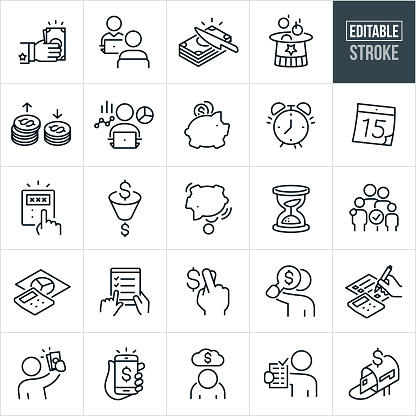 A set of taxes icons that include editable strokes or outlines using the EPS vector file. The icons include a government hand giving out a tax refund, tax accountant meeting with customer, stack of dollar bills being cut for tax withholdings, uncle Sam hat with coins being collected in it, stack of coins showing what is kept and what is owed in taxes, person doing taxes at computer, piggy bank collecting coins, piggy bank being shaken empty, alarm clock going off, tax day on calendar, hand using calculator, dollar sign being funneled down to a small dollar sign to represent taxes, hourglass to represent time running out, family dependents, calculator with chart on paper, checklist on tablet PC, fingers crossed for a tax refund, person using magnifying glass to search for money, hand filling out tax form, person holding up cash received from tax refund, tax refund shown on smartphone screen, person sad from tax burden, person holding out finished tax form and a tax refund in a mailbox.