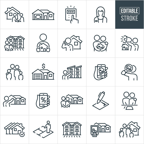Home Real Estate Thin Line Icons - Editable Stroke A set of home real estate icons that include editable strokes or outlines using the EPS vector file. The icons include a family, House with car in garage, real estate agent and home buyer shaking hands over a sold house, female real estate agent, couple holding each other while standing in front of new apartment, home buyer holding a house, real estate agent talking on the phone, couple holding a house in arms, real estate marketing a house by shouting through a bullhorn, calculator, house with price tag, real estate agent showing condos or a set of townhomes, house search, person search for a house using a magnifying glass, real estate agent showing off house, mortgage interest rate, signed contract, couple at signing table, house selection among other houses, real estate agent showing floor plan, apartment building, moving truck in driveway of house and a family standing in front of new home. home ownership stock illustrations