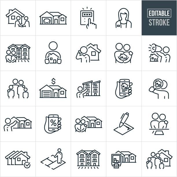 Home Real Estate Thin Line Icons - Editable Stroke A set of home real estate icons that include editable strokes or outlines using the EPS vector file. The icons include a family, House with car in garage, real estate agent and home buyer shaking hands over a sold house, female real estate agent, couple holding each other while standing in front of new apartment, home buyer holding a house, real estate agent talking on the phone, couple holding a house in arms, real estate marketing a house by shouting through a bullhorn, calculator, house with price tag, real estate agent showing condos or a set of townhomes, house search, person search for a house using a magnifying glass, real estate agent showing off house, mortgage interest rate, signed contract, couple at signing table, house selection among other houses, real estate agent showing floor plan, apartment building, moving truck in driveway of house and a family standing in front of new home. agent icon stock illustrations