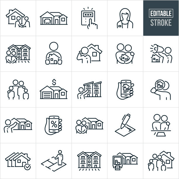 Home Real Estate Thin Line Icons - Editable Stroke A set of home real estate icons that include editable strokes or outlines using the EPS vector file. The icons include a family, House with car in garage, real estate agent and home buyer shaking hands over a sold house, female real estate agent, couple holding each other while standing in front of new apartment, home buyer holding a house, real estate agent talking on the phone, couple holding a house in arms, real estate marketing a house by shouting through a bullhorn, calculator, house with price tag, real estate agent showing condos or a set of townhomes, house search, person search for a house using a magnifying glass, real estate agent showing off house, mortgage interest rate, signed contract, couple at signing table, house selection among other houses, real estate agent showing floor plan, apartment building, moving truck in driveway of house and a family standing in front of new home. housing development stock illustrations