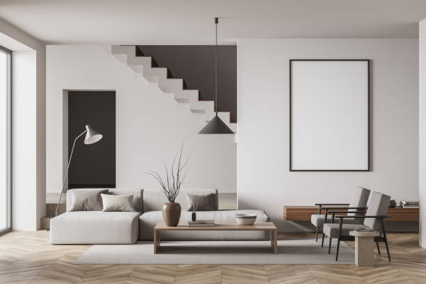 istock Bright living room interior with empty white poster, stairs, arch 1386954359