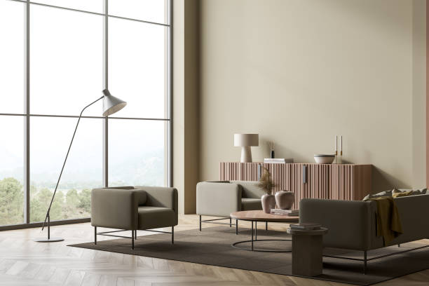 istock Light guest room interior with seats and commode near window, mockup 1386954638