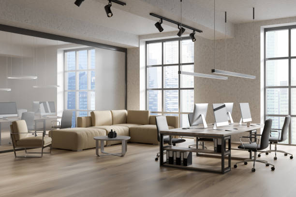 istock Bright office room interior with workplaces and panoramic windows 1386954785