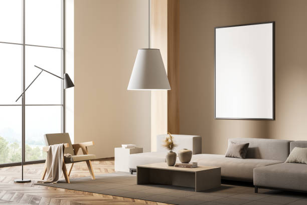 istock Light living room interior with sofa and coffee table near window, mockup poster 1386954923