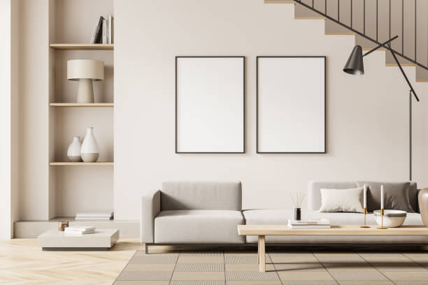 istock Guest room interior with couch and staircase, bench and shelf. Mockup frames 1386955042