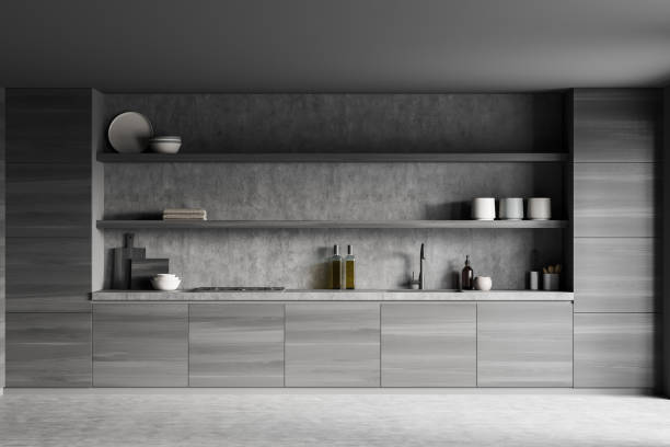istock Grey cooking set interior with shelves and appliances, concrete floor 1386955682